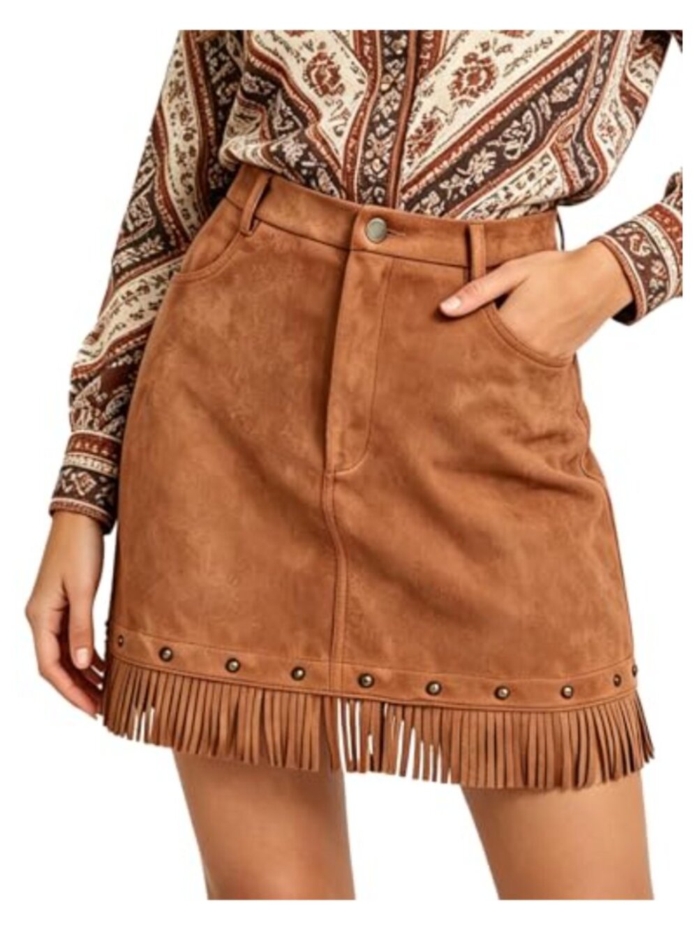 Faux Suede High Waisted Fringe Mini Skirt A-Line Retro